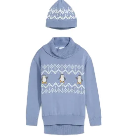 Caps & Mützen|Pullover & Sweater*O46bpx Kinder SET Strick-Pullover und Mütze für Jungen Rollkragen-Pullover Norweger-Pulli 975979 Blau