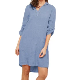 Kleider*La Compagnie Du Lin Callina Damen Shirt-Kleid aus reinem Leinen Sommer-Kleid 48617373 Blau