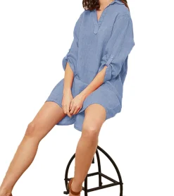 Kleider*La Compagnie Du Lin Callina Damen Shirt-Kleid aus reinem Leinen Sommer-Kleid 48617373 Blau