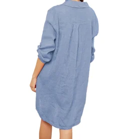 Kleider*La Compagnie Du Lin Callina Damen Shirt-Kleid aus reinem Leinen Sommer-Kleid 48617373 Blau