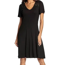 Kleider*Laura Scott Damen Jersey-Kleid elegantes Sommer-Kleid mit V-Ausschnitt Midi-Kleid 48776749 Schwarz