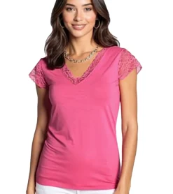 Tops & T-Shirts*Laura Scott Damen Sommer-Shirt modisches T-Shirt mit Spitze 15514855 Pink