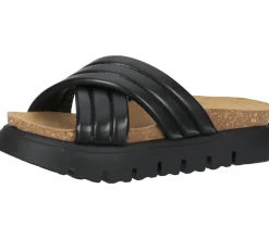 Zehentrenner & Sandalen*LAZAMANI Damen Plateau-Pantolette mit gestepptem Kreuz-Riemen Echtleder-Sandale 31.220 Schwarz