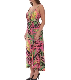Kleider*O46bpx leichtes Damen Frühlings-Kleid mit floralen-Print Sommer-Kleid Maxi-Kleid 954051 Grün/Pink/Gelb/Schwarz/Orange