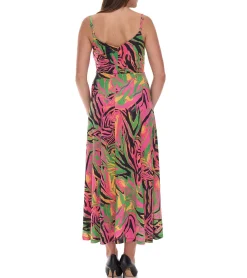 Kleider*O46bpx leichtes Damen Frühlings-Kleid mit floralen-Print Sommer-Kleid Maxi-Kleid 954051 Grün/Pink/Gelb/Schwarz/Orange