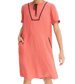 Kleider*O46bpx leichtes Damen Sommer-Kleid Tunika-Kleid mit seitlichen Taschen und Zierpaspel 942988 Koralle