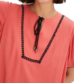 Kleider*O46bpx leichtes Damen Sommer-Kleid Tunika-Kleid mit seitlichen Taschen und Zierpaspel 942988 Koralle