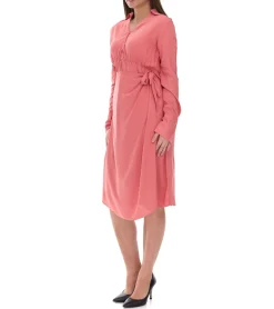 Kleider*O46bpx leichtes Damen Sommer-Kleid mit Kent-Kragen Frühlings-Kleid Wickel-Kleid Midi-Kleid 940109 Lachsrose