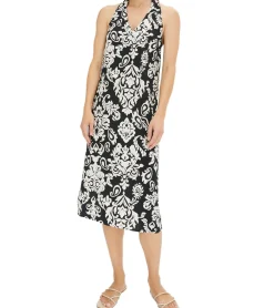 Große Größen|Kleider*O46bpx leichtes Damen Sommer-Kleid Neckholder-Kleid mit Paisley-Print schulterfreies Midi-Kleid 915503 Weiß/Schwarz