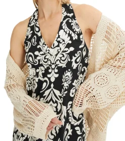 Große Größen|Kleider*O46bpx leichtes Damen Sommer-Kleid Neckholder-Kleid mit Paisley-Print schulterfreies Midi-Kleid 915503 Weiß/Schwarz