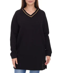 Kleider*Les Tropeziennes Damen Pullover-Kleid Baumwoll-Kleid mit Schlitz Mini-Sommer-Kleid mit Glitzer-V-Ausschnitt 1 142 0864C A Schwarz