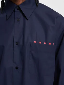 Hemden & Poloshirts*MARNI Herren Langarm Hemd aus Bio-Popeline mit Logo Bowling-Hemd Dunkelblau