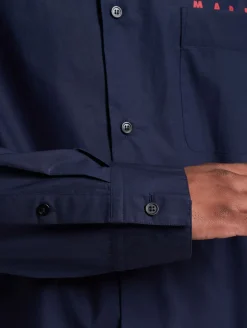 Hemden & Poloshirts*MARNI Herren Langarm Hemd aus Bio-Popeline mit Logo Bowling-Hemd Dunkelblau
