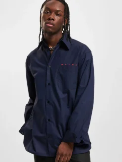 Hemden & Poloshirts*MARNI Herren Langarm Hemd aus Bio-Popeline mit Logo Bowling-Hemd Dunkelblau