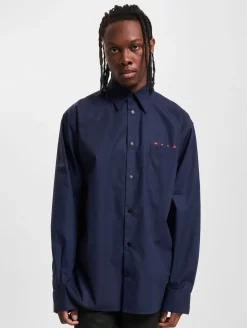 Hemden & Poloshirts*MARNI Herren Langarm Hemd aus Bio-Popeline mit Logo Bowling-Hemd Dunkelblau