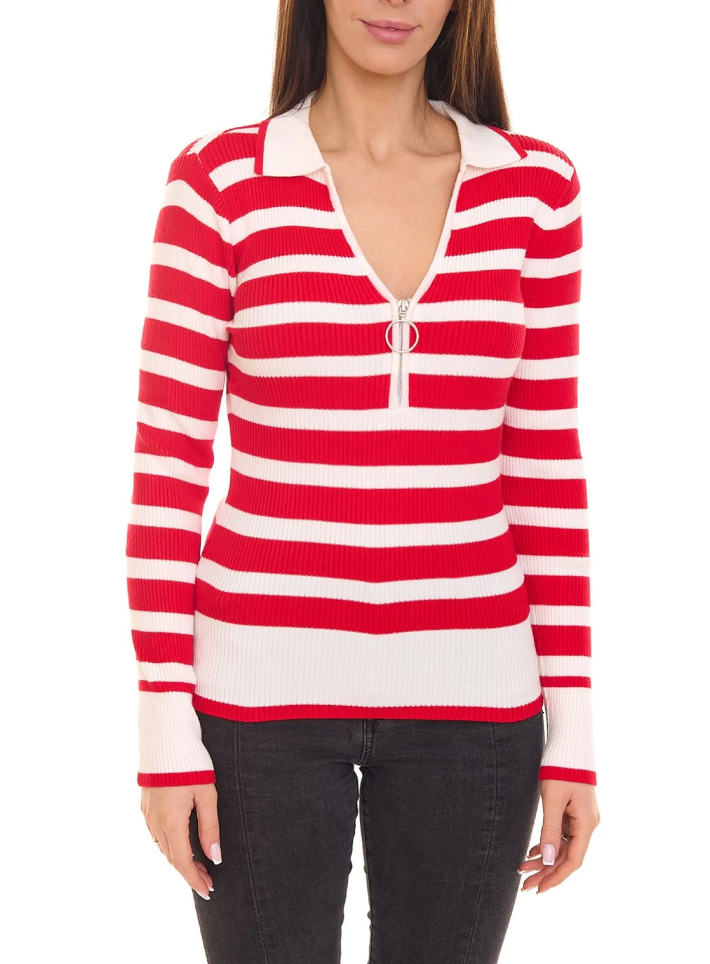 Poloshirts & Blusen*melrose Damen Langarm Polo-Shirt mit weitem V-Ausschnitt mit Kent-Kragen Sweatshirt 11397721 Rot/Weiß