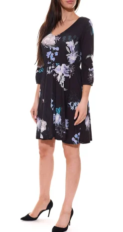 Kleider*melrose Damen Mini-Kleid mit Allover-Blumendruck Kurzarm 20539817 Schwarz/Bunt