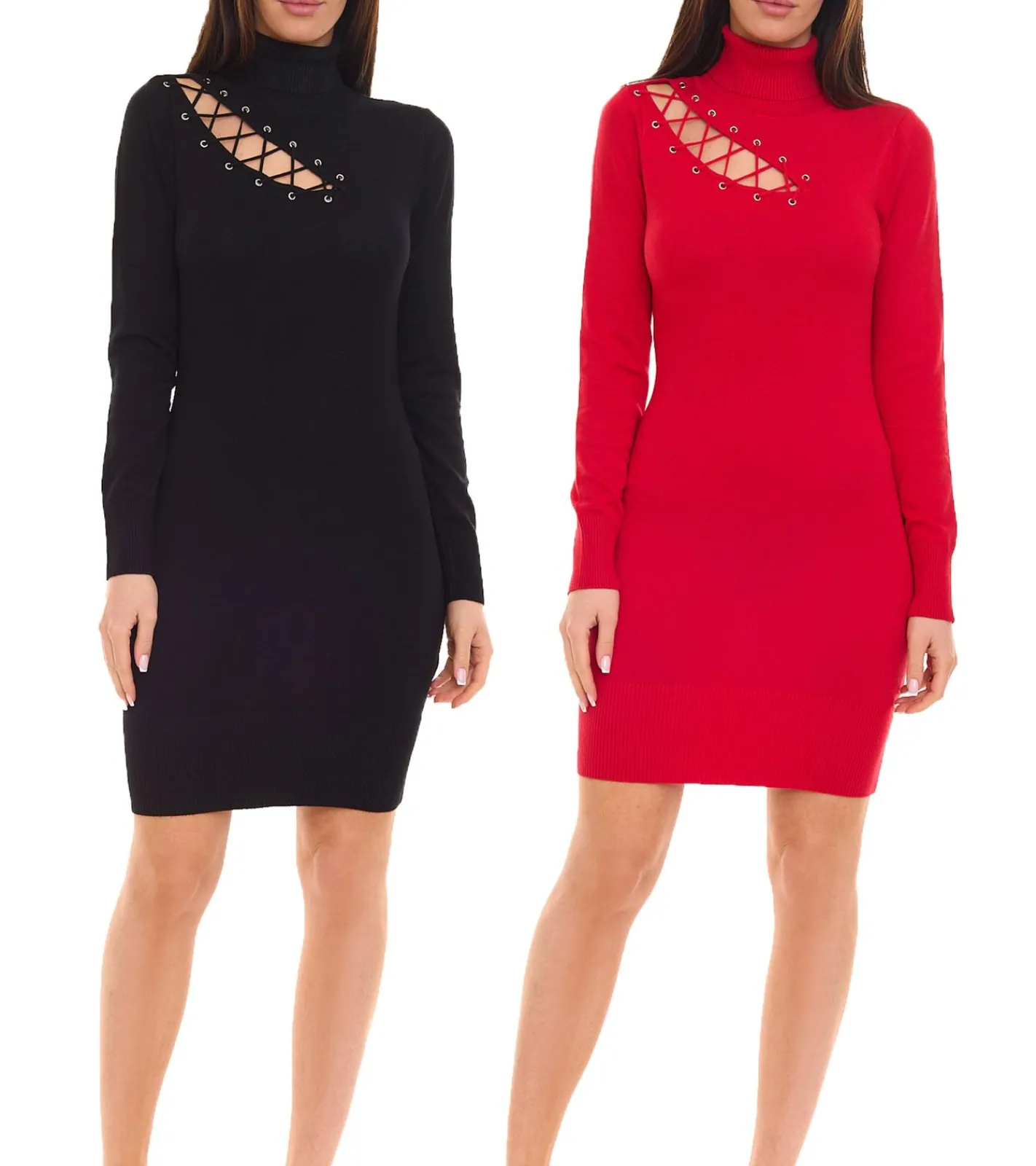 Kleider*melrose Damen Mini-Kleid Strick-Kleid mit Schnürung und Rollkragen Rot oder Schwarz