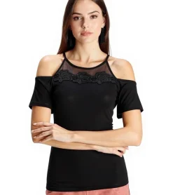 Tops & T-Shirts*melrose Damen Off-Shoulder-Shirt mit Blumenborder elegantes Ausgeh-Top  89386742 Schwarz