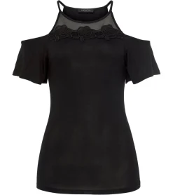 Tops & T-Shirts*melrose Damen Off-Shoulder-Shirt mit Blumenborder elegantes Ausgeh-Top  89386742 Schwarz