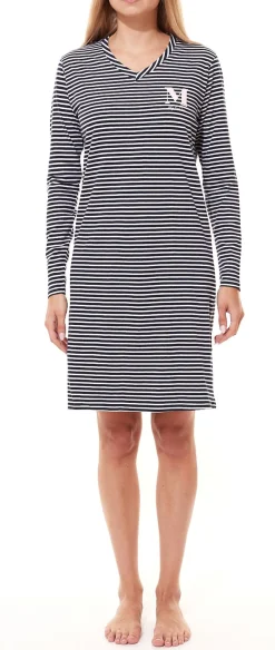Bademode & Nachtwäsche*MEXX Damen Nachthemd Pyjama Langarm- oder Armloses Neglige in Blau oder Schwarz [Langarm] Blau/Weiß