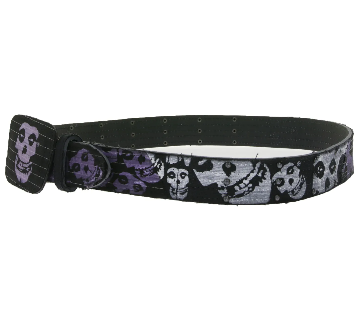 Gürtel*BioworldMerch MISFITS Gürtel der Punk-Band für Damen und Herren im Destroyed Look mit Totenköpfen Freizeit-Gürtel BT109173MIS4 Schwarz/Weiß/Lila