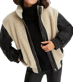 Mäntel & Jacken*O46bpx nachhaltige Damen Jacke weiche Teddyfell-Jacke mit Kunstleder Übergangs-Jacke 917726 Beige/Schwarz