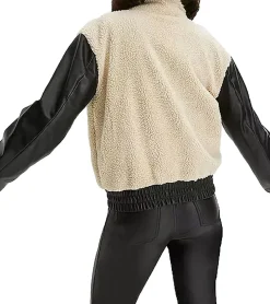 Mäntel & Jacken*O46bpx nachhaltige Damen Jacke weiche Teddyfell-Jacke mit Kunstleder Übergangs-Jacke 917726 Beige/Schwarz