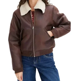 Mäntel & Jacken*O46bpx nachhaltige Damen Lederimitat-Jacke hochwertige Piloten-Jacke mit Kunstfell-Kragen 933611 Braun