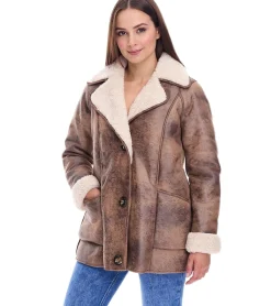 Große Größen|Mäntel & Jacken*O46bpx nachhaltige Damen Lederimitat-Jacke mit Kunstlammfell-Kragen Oversized-Jacke Große Größen 970065 Braun