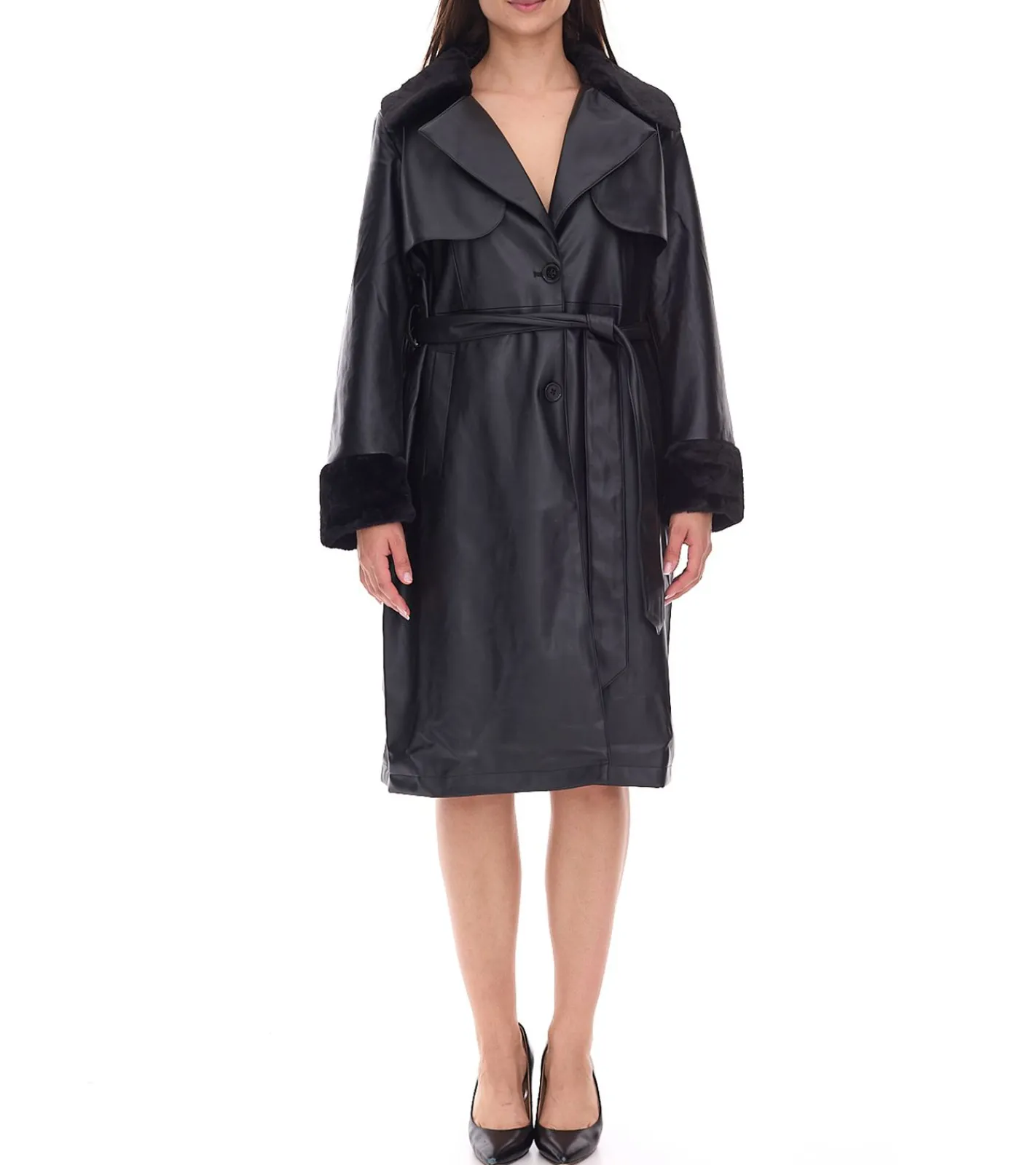 Mäntel & Jacken*O46bpx nachhaltiger Damen Lederimitat-Mantel mit Kunstfell Kragen Kunstleder-Jacke Frühlings-Mantel 959571 Schwarz