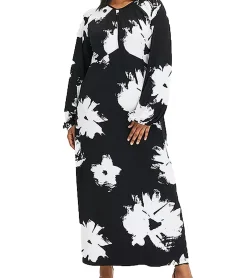Kleider*O46bpx nachhaltiges Damen Maxi-Kleid Sommer-Kleid mit Blumen-Print Freizeit-Kleid 955101 Schwarz/Weiß