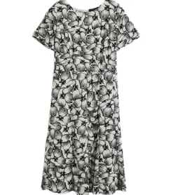 Kleider*O46bpx nachhaltiges Damen Midi-Kleid mit Blumen-Muster Sommer-Kleid mit kurzen Ärmeln Frühlings-Kleid 979301 Weiß/Schwarz