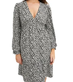 Kleider*O46bpx nachhaltiges Damen Mini-Kleid abstrakt bedrucktes Sommer-Kleid mit V-Ausschnitt Langarm-Kleid 910177 Schwarz/Hellbeige