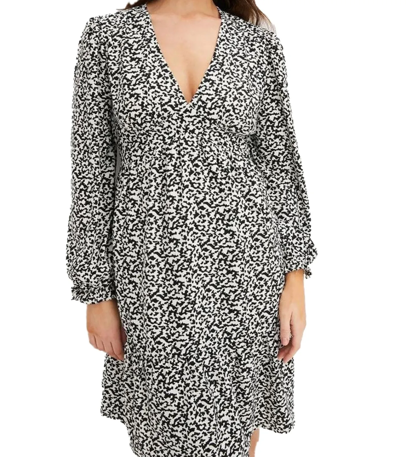 Kleider*O46bpx nachhaltiges Damen Mini-Kleid abstrakt bedrucktes Sommer-Kleid mit V-Ausschnitt Langarm-Kleid 910177 Schwarz/Hellbeige