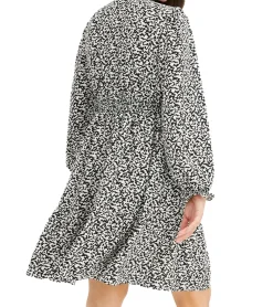 Kleider*O46bpx nachhaltiges Damen Mini-Kleid abstrakt bedrucktes Sommer-Kleid mit V-Ausschnitt Langarm-Kleid 910177 Schwarz/Hellbeige