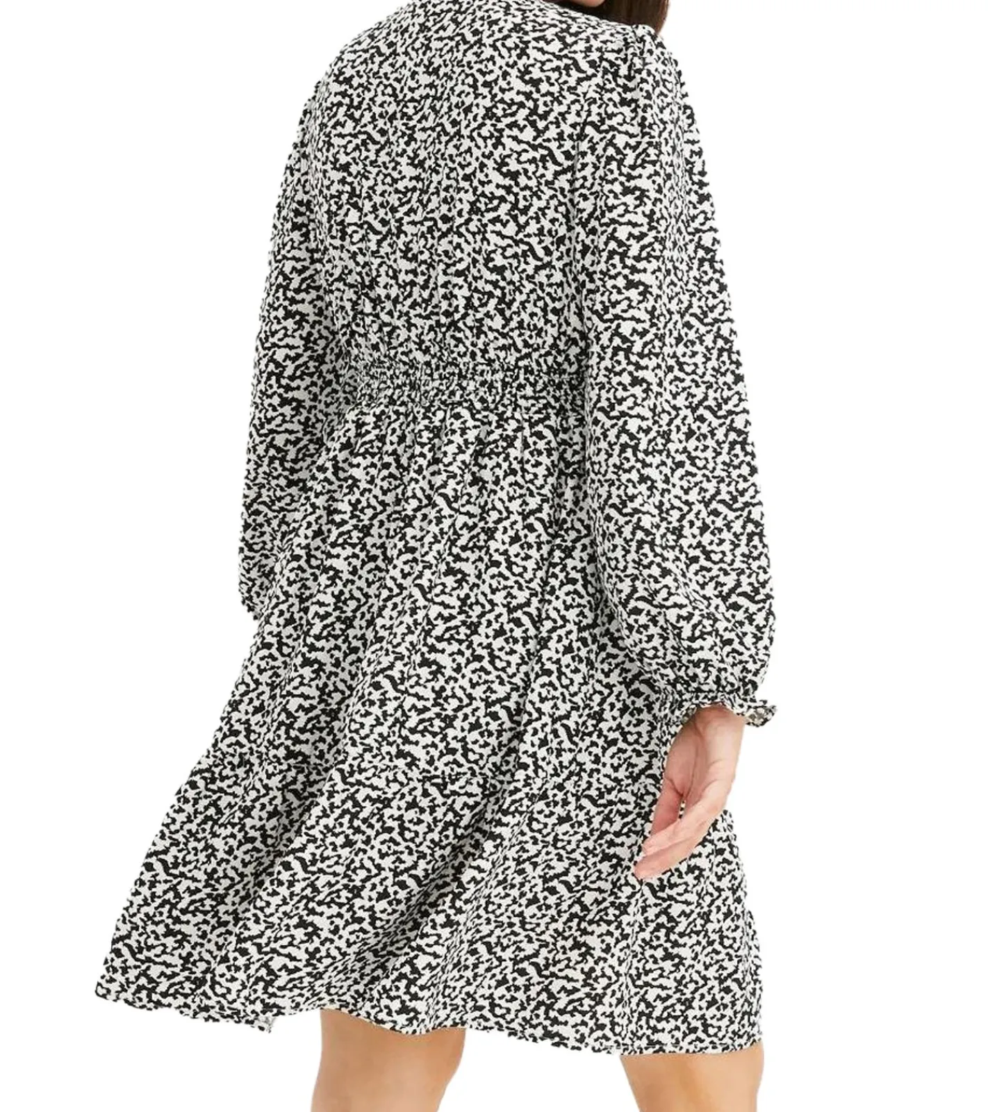 Kleider*O46bpx nachhaltiges Damen Mini-Kleid abstrakt bedrucktes Sommer-Kleid mit V-Ausschnitt Langarm-Kleid 910177 Schwarz/Hellbeige