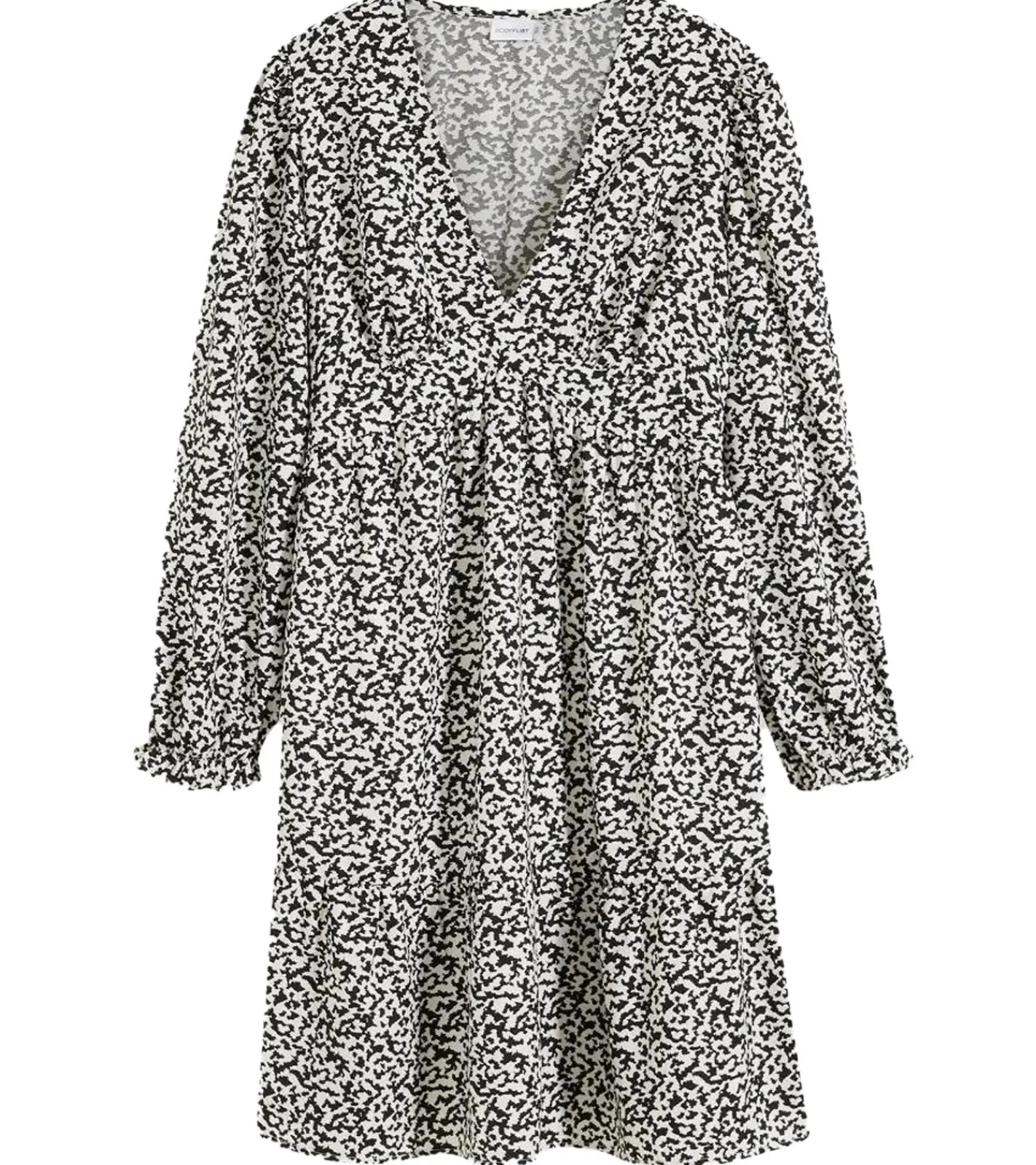 Kleider*O46bpx nachhaltiges Damen Mini-Kleid abstrakt bedrucktes Sommer-Kleid mit V-Ausschnitt Langarm-Kleid 910177 Schwarz/Hellbeige