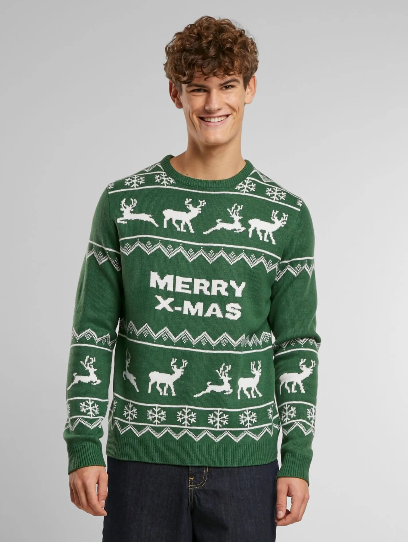 Pullover & Sweater*ONLY & SONS Xmas Reg 5 Allover-Strickpullover mit Rundhalsausschnitt und Hirschmotiv