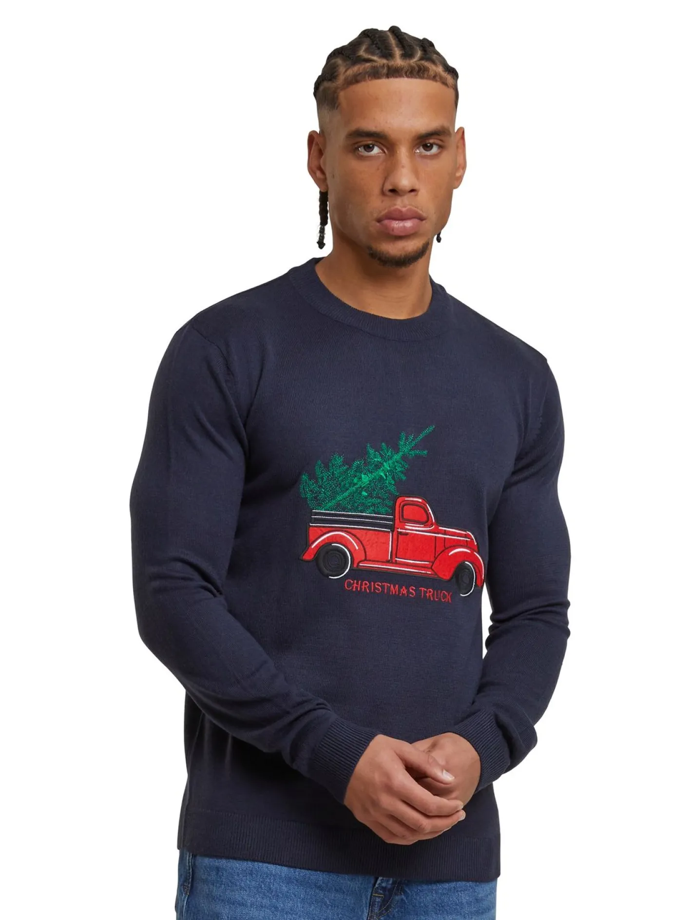 Pullover & Sweater*ONLY & SONS Xmas Reg 5 Aplication Rundhals-Strickpullover in Dunkelmarine mit Auto