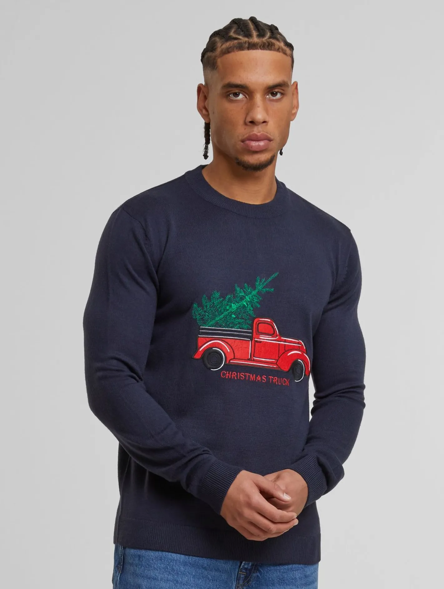 Pullover & Sweater*ONLY & SONS Xmas Reg 5 Aplication Rundhals-Strickpullover in Dunkelmarine mit Auto