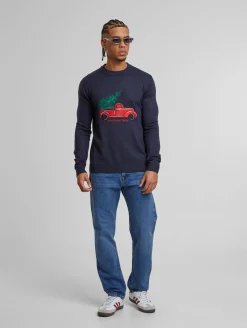 Pullover & Sweater*ONLY & SONS Xmas Reg 5 Aplication Rundhals-Strickpullover in Dunkelmarine mit Auto