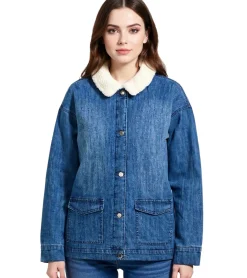 Mäntel & Jacken*O46bpx Oversized Jeans-Jacke für Damen mit weichem, abnehmbaren Teddy-Kragen Übergangs-Jacke 946445 Blau