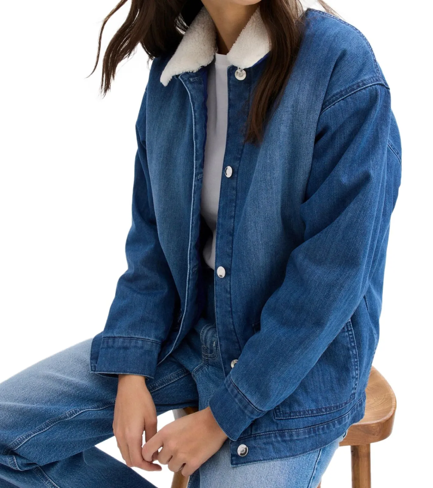 Mäntel & Jacken*O46bpx Oversized Jeans-Jacke für Damen mit weichem, abnehmbaren Teddy-Kragen Übergangs-Jacke 946445 Blau