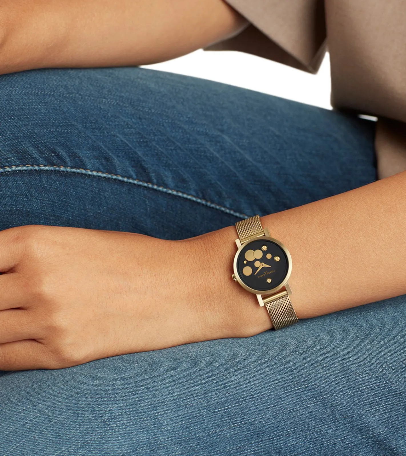 Damenuhren|Damenuhren*Pierre Cardin Damen Armband-Uhr Ziffernblatt mit goldfarbenen Kreis-Details analoge Quarz-Uhr mit Edelstahl-Armband 3ATM 27mm CCM.0502 Gold/Schwarz