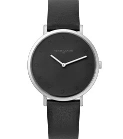 Damenuhren|Damenuhren*Pierre Cardin Damen Armband-Uhr mit Buchstaben der Marke als Ziffern analoge Quarz-Uhr mit Leder-Armband 3ATM 39mm CBV.100 Schwarz/Weiß/Silber oder Schwarz/Silber
