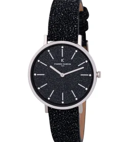 Damenuhren|Damenuhren*Pierre Cardin Damen Armband-Uhr mit Glitzer-Armband und Strasssteinen im Ziffernblatt analoge Quarz-Uhr mit Leder-Armband 3ATM 36mm CBV.1117 Schwarz/Silber