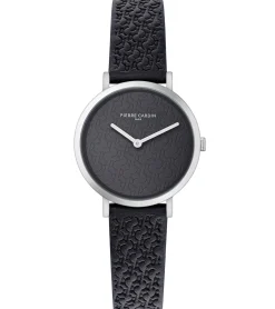 Damenuhren|Damenuhren*Pierre Cardin Damen Armband-Uhr mit Marken-Kürzel-Print analoge Quarz-Uhr mit Leder-Armband 3ATM 31mm CBV.1502 Schwarz/Silber