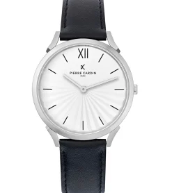 Damenuhren|Damenuhren*Pierre Cardin Damen Armband-Uhr schlichtes Ziffernblatt analoge Quarz-Uhr mit Leder-Armband 3ATM 40mm CPI.2000 Schwarz/Silber
