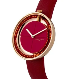 Damenuhren|Damenuhren*Pierre Cardin Damen Armband-Uhr modernes Ziffernblatt analoge Quarz-Uhr mit Leder-Armband 3ATM 32mm CMA.0007 Rot/Gold